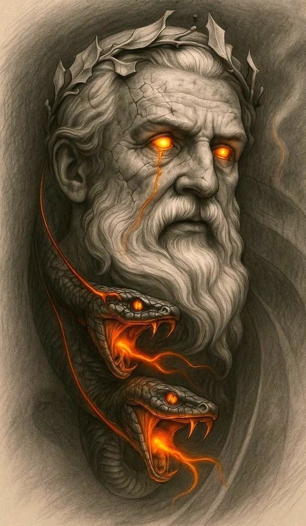 Original tattoo design drawing of a stone god and snakes
