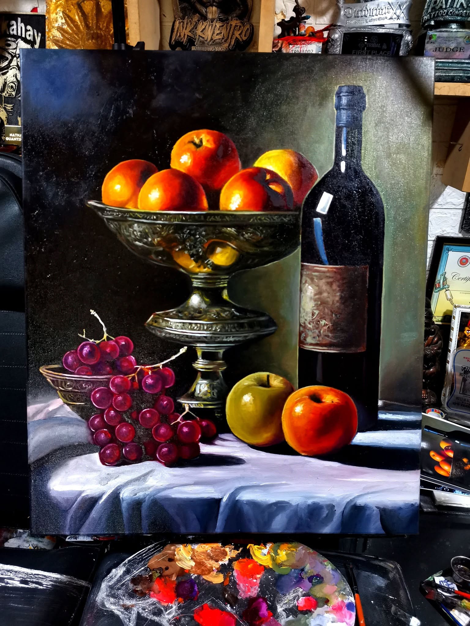Oil painting still life with fruit and a wine bottle