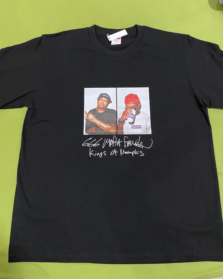 Black tee with a two-panel portrait print